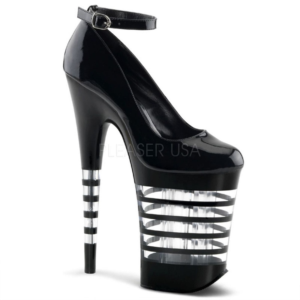 New black 9in pleaser pumps with clear stripes